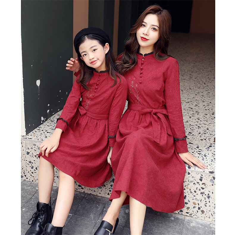 2021春秋季新款棉布压花工艺绣花亲子长款连衣裙文艺气质女,女装连衣裙,安之芮娜