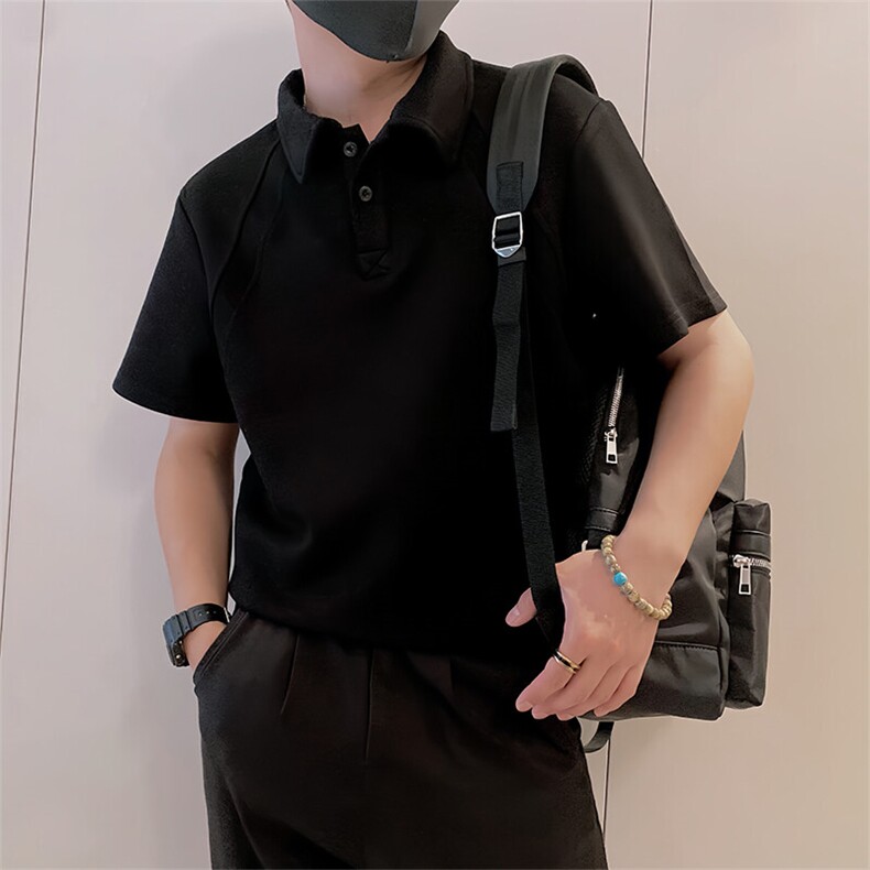 8970/P58控78夏季小伙美式拼接设计感Polo衫T恤轻奢痞帅男白灰色2,男装T恤,星座305B