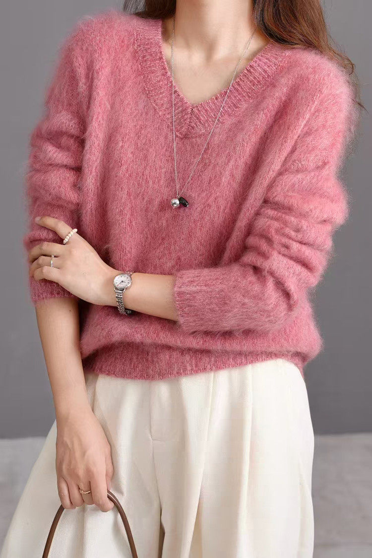 2025百搭时尚加厚花纱v领针织衫，女装针织衫/毛衣，美轩羊绒