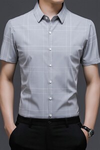 短袖衬衫男翻领上衣2023夏季中年男士商务休闲格子衬衫男爸爸夏装图片