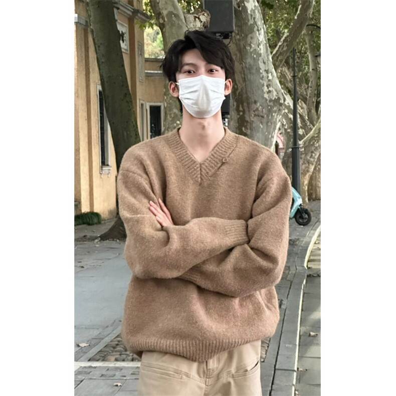M222-特P60灰色设计感松弛感V领针织衫宽松毛衣,男装针织衫/毛衣,星座1501-3