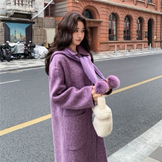 紫色双面羊绒大衣女2025冬季新款韩系超好看高级感围巾款毛呢外套，女装羊绒大衣，2C056