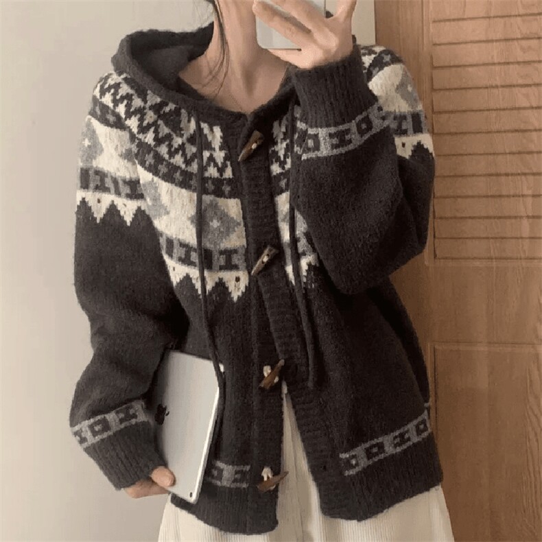 重磅秋冬北极绒开衫毛衣美式复古休闲慵懒风牛角扣针织衫连帽外套，男装针织衫/毛衣，电商A486-1