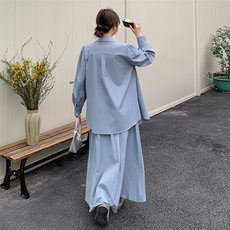 蓝色高级感衬衫套装裙女2025春新款韩系chic简约休闲半身裙两件套，女装套装/套裙，2C051