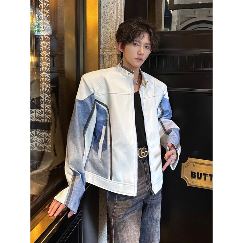 立领拼接赛车服皮夹克垫肩PU皮衣外套JK8571特P74，男装皮衣，星座908-1