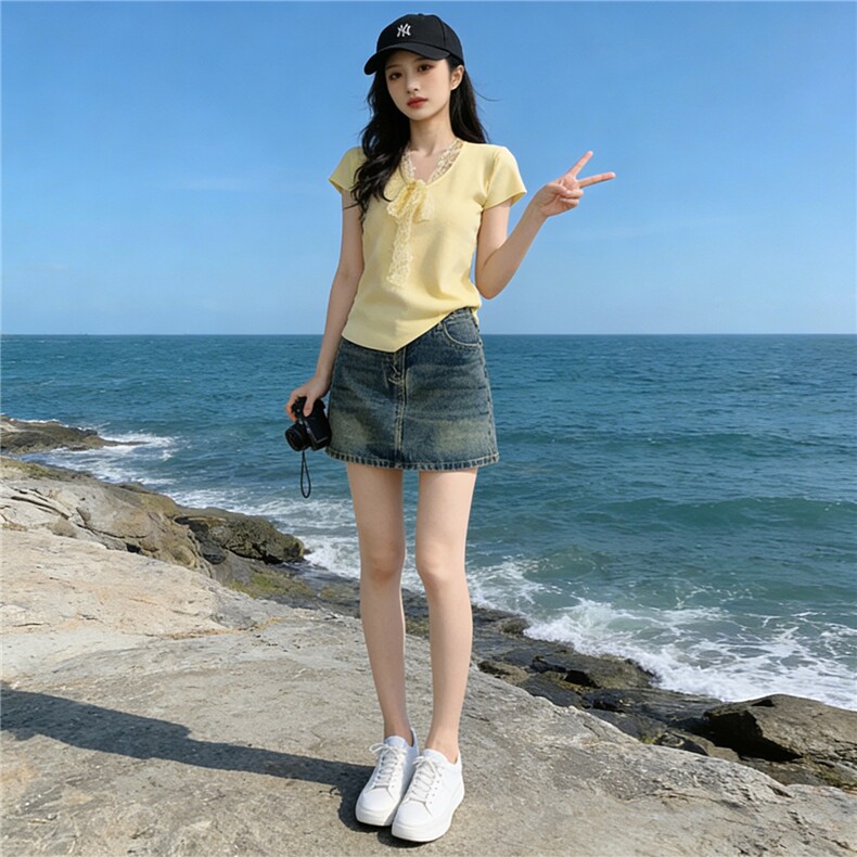 时尚气质套装裙女夏季新款显瘦V领蕾丝拼接针织衫牛仔短裙两件套,女装套装/套裙,江南