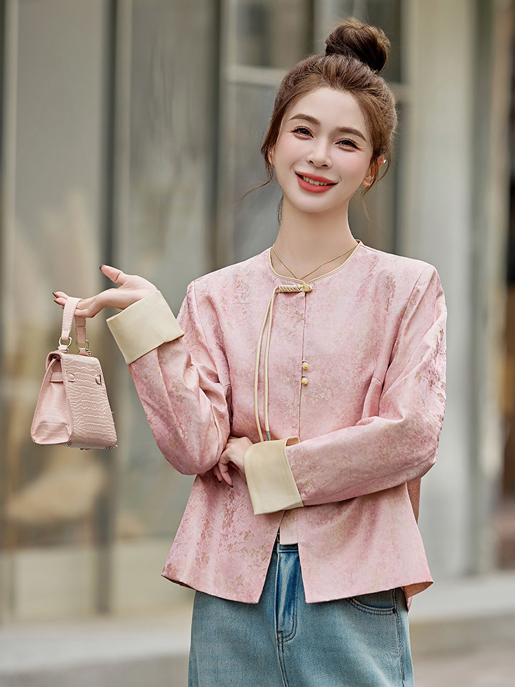 粉色提花新中式国风外套女2025新款改良流苏盘扣开春超火唐装上衣,女装套装/套裙,天丽