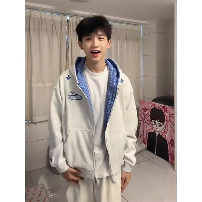 格子拼接连帽卫衣潮流潮牌慵懒新款休闲帅气气质港风流行WYX25，男装卫衣，星座516A