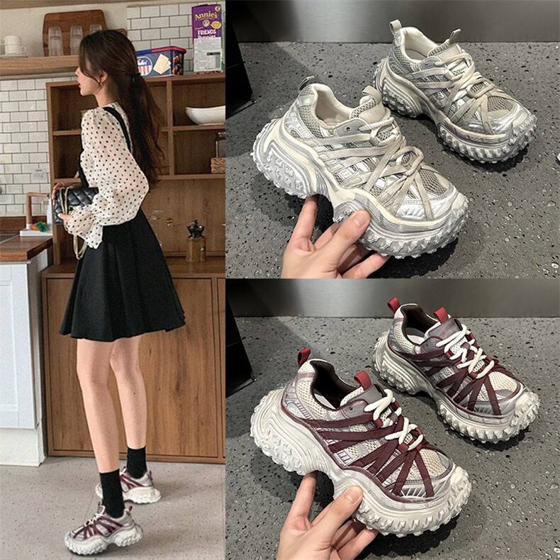 巴黎复古擦色做旧红老爹鞋女2024秋厚底增高系带运动脏脏鞋女图片