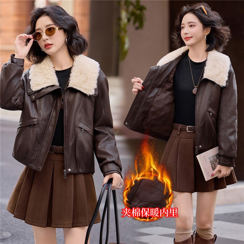 大翻领加棉皮衣短外套女2025秋冬新款保暖时尚酷飒机车PU皮夹克，女装皮衣，江南女神