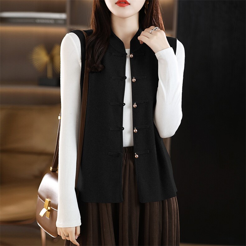优雅复古盘扣马甲女羊毛针织背心外套显瘦百搭气质上衣，女装羊毛衫，丽特绒