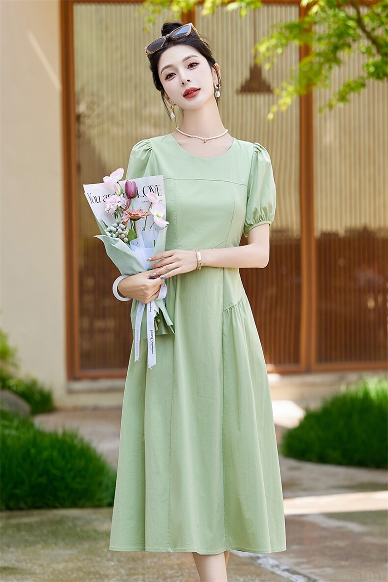 清新绿色纯棉连衣裙女2024夏季新款泡泡袖褶皱收腰显瘦气质长裙子,女装连衣裙,蓝诺裳