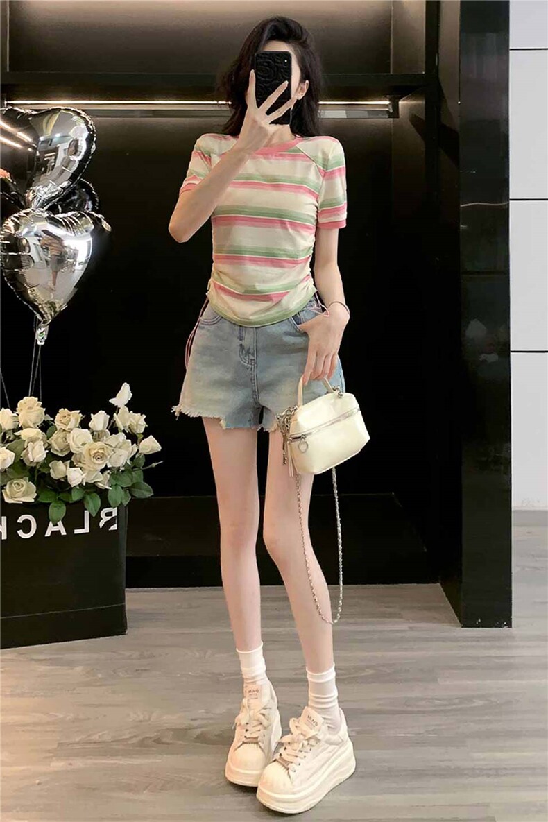 女夏季新款韩版运动休闲套装修身显瘦圆领条纹短袖牛仔短裤两件套,女装套装/套裙,江南