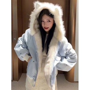 甜美毛绒绒猫耳朵棉服女冬季双面穿座山雕学院风棉衣外套 M3623图片