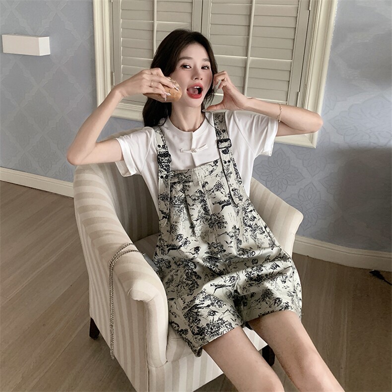 国风水墨画背带短裤套装女2025夏季新款时尚减龄小个子T恤两件套,女装套装/套裙,慧尚2-185