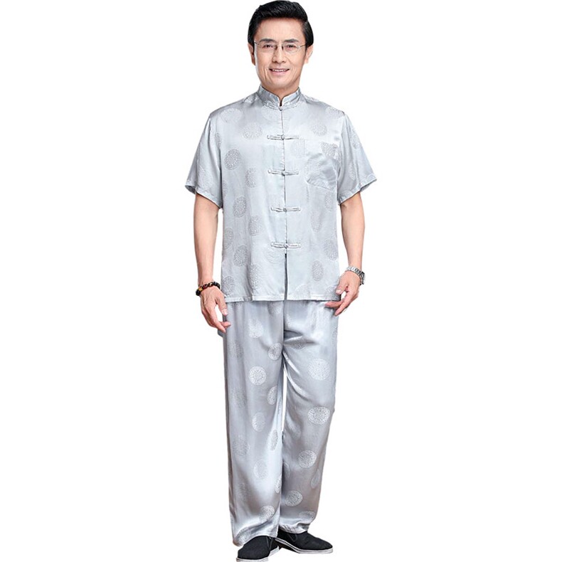 男士中老年短袖长裤两件套夏季宽松大码套装生日服,男装休闲套装,钱塘6003B