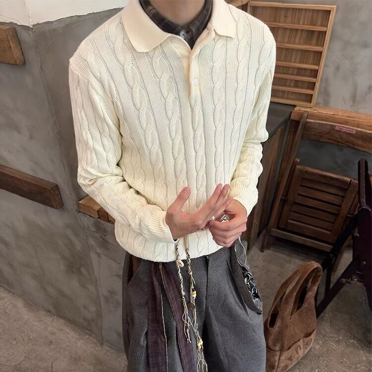 麻花针织衫男韩系宽松百搭设计感翻领套头毛衣513AMY2634P50,男装针织衫/毛衣,星座513A