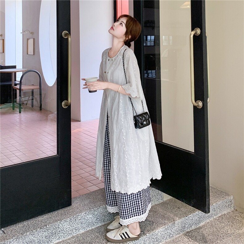 森系慵懒风刺绣连衣裙套装女2025夏新款复古宽松格子阔腿裤两件套,女装套装/套裙,2B237