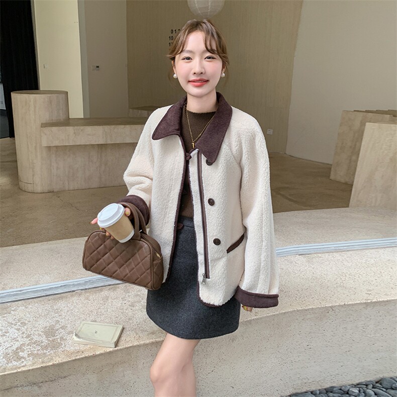 美拉德咖色皮毛一体外套女秋冬超火好看高级感加绒加厚羊羔毛大衣,女装棉衣/棉服,2C203
