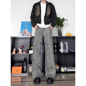 趣味小狗刺绣牛仔裤男款春秋季美式复古水洗做旧显瘦直筒百搭长裤图片