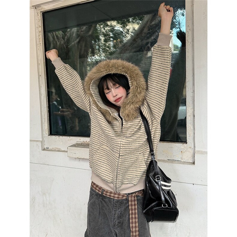 美式条纹连帽毛领卫衣外套男女秋冬宽松慵懒风拉链开衫WM6035-P78,女装短外套,星座208-5