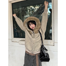 美式条纹连帽毛领卫衣外套男女秋冬宽松慵懒风拉链开衫WM6035-P78，女装短外套，星座208-5