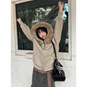 美式条纹连帽毛领卫衣外套男女秋冬宽松慵懒风拉链开衫WM6035-P78图片