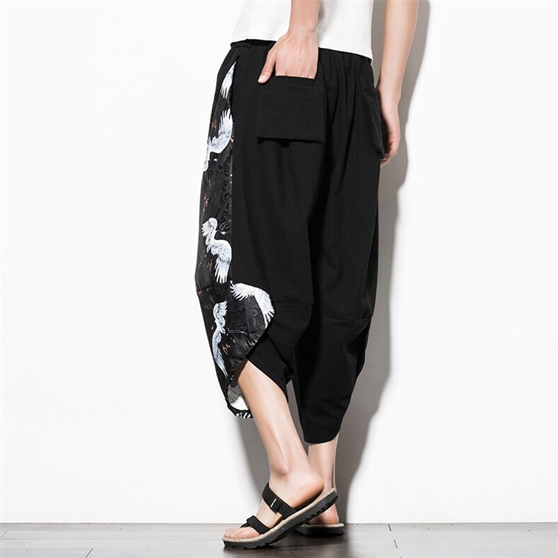 2025新中式冰丝棉麻阔腿沙滩裤灯笼裤民族风A057-K55-P40，男装民族服装，电商A057B
