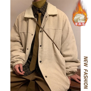 港风宽松大码羊羔毛翻领夹克男潮灯芯绒棉服外套M82-特P78控138