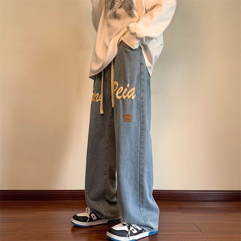 wassuphappy发泡字母牛仔裤男春秋款美式街头宽松直筒阔腿长裤子,男装牛仔裤,星座1008