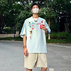 抖音得物品质二开240克宽松纯棉美式潮牌印花三条杠中性风短袖T恤，男装T恤，电商A486