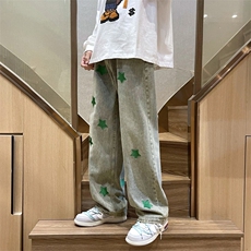 潮复古水洗绿色星星牛仔裤直筒N0599-P45，男装牛仔裤，星座308B-1