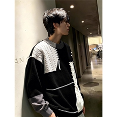 美式黑白撞色拼接毛衣男冬季慵懒风打底针织衫外套MYA102，男装T恤，星座208-5