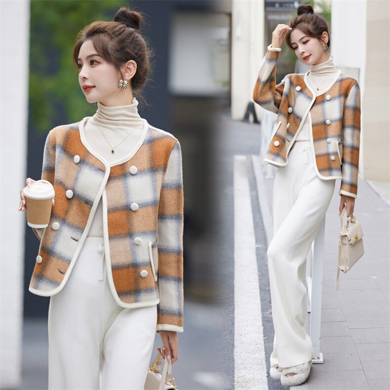 2023冬季新款格子小香风双面羊毛外套，女装双面呢大衣，乐吉娜