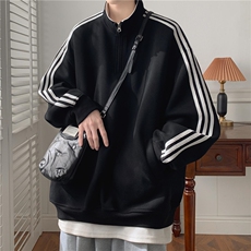 秋季380克全棉宽松条纹拉链套头卫衣立领POLO衫外套AH914-P42，男装Polo衫，四季星座610B