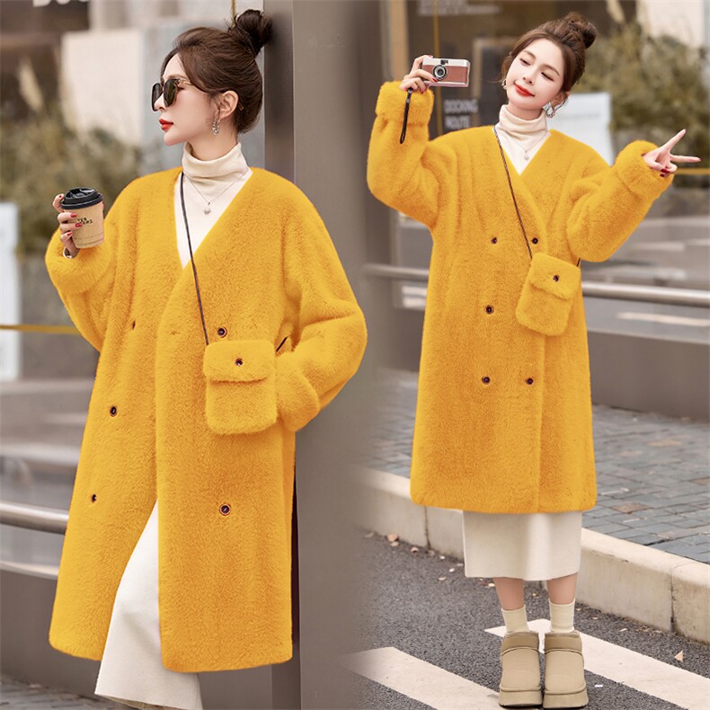 新款2024年冬季时尚韩版洋气V领中长款环保皮草中长款外套大衣，女装皮草，蓝诺裳