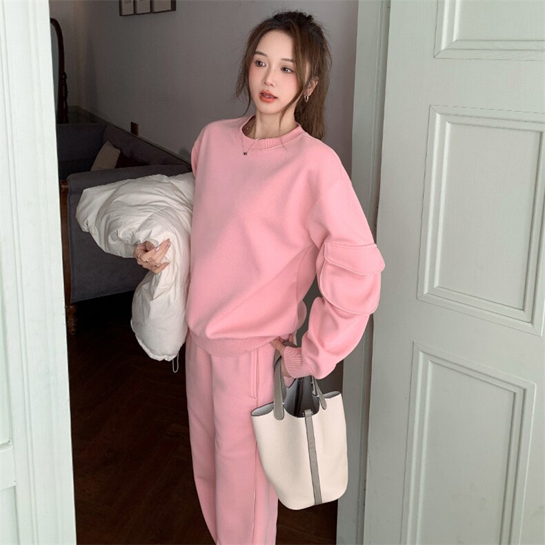 女春季新款减龄圆领衣袖口袋卫衣束脚裤两件套潮,女装套装/套裙,江南