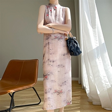 夏季2024新款女年轻款少女改良版连衣裙复古日常短袖中长裙，女装汉服/婚纱/旗袍/礼服，圣丽羊绒