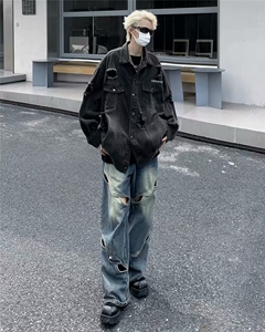 炸街破洞牛仔夹克男春秋季美式复古宽松上衣潮牌做旧痞帅工装外套图片
