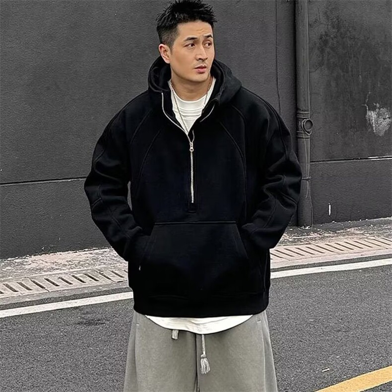 美式宽松半拉链上衣重磅结构感连帽卫衣男W75/P55,男装卫衣,星座205-3