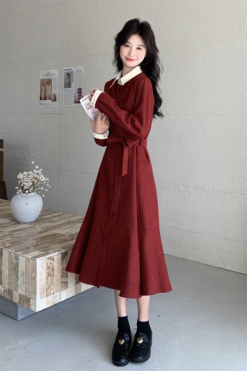 现货-红色系带连衣裙203-8869-P135-K198,女装连衣裙,浙宝203