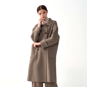 秋冬季羊毛休闲气质通勤翻领带兜长款双面呢大衣，女装双面呢大衣，彬斯双面尼