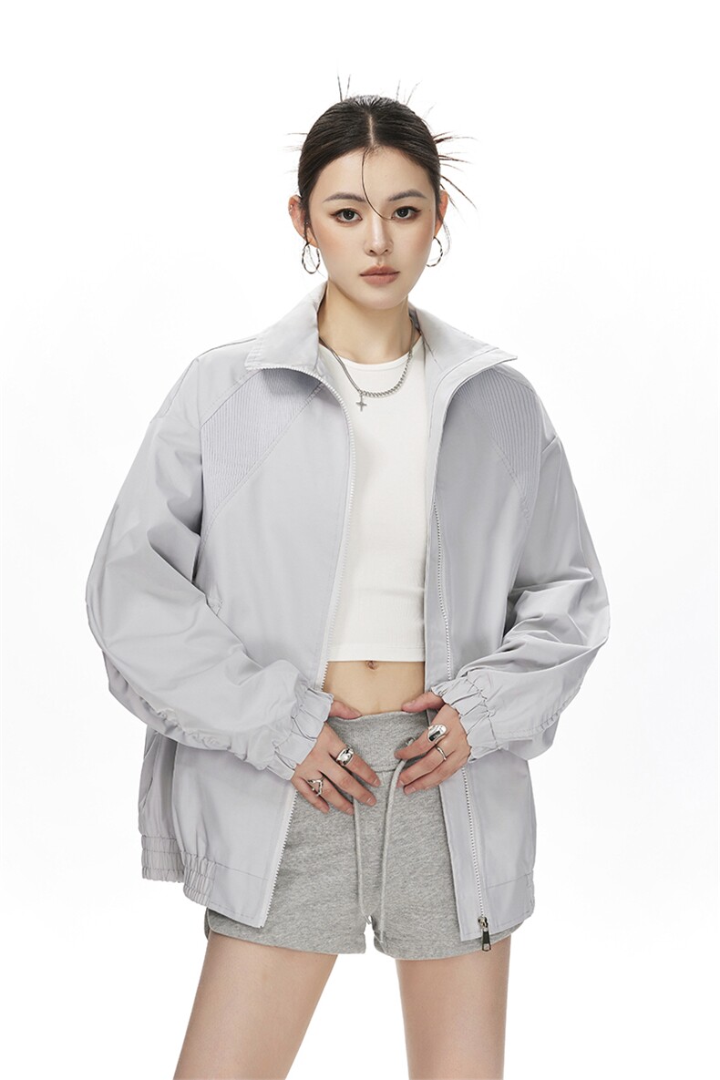 美式罗纹拼接袖子褶皱大码M-5XL教练夹克女JK78056P69控105,女装短外套,星座226-1