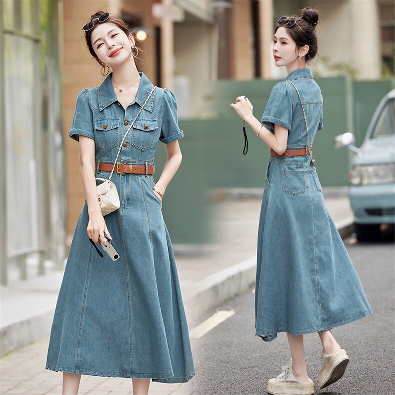 2026夏季新款薄款轻熟高级裙法式西装领气质收腰复古牛仔连衣裙女，女装连衣裙，印象茜