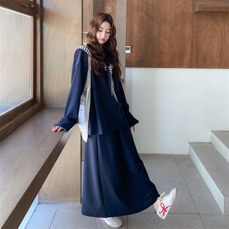 藏青色慵懒风连帽披肩卫衣套装裙女秋季2025新款休闲半身裙两件套,女装套装/套裙,2C159