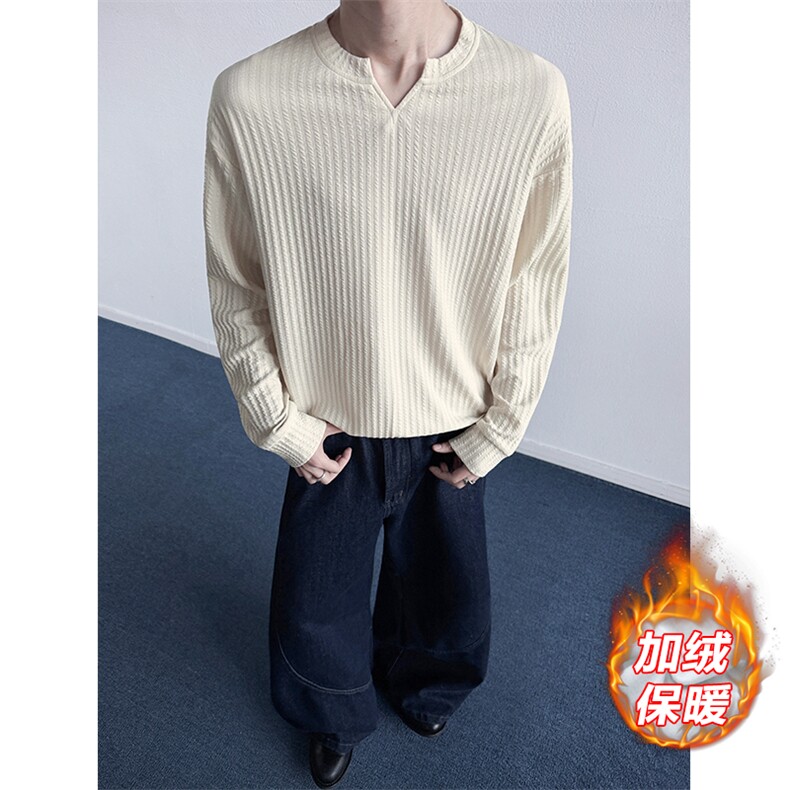 加绒保暖400g重磅加绒v领肌理感内搭长袖T恤男T6002J加绒特P20,男装T恤,电商A001-1