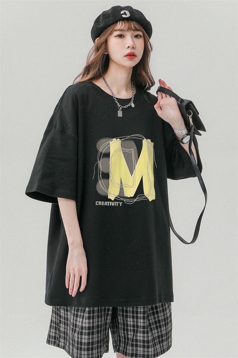 中性风3D字母M印花100棉宽松百搭新款短袖T恤T6079P25控38,男装T恤,电商A268