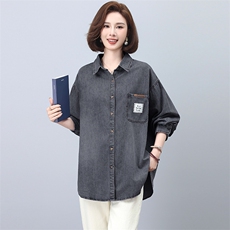 绿素棉衣橱好物POLO领牛仔衬衫外套女大码秋秋复古叠穿休闲衬衣，女装衬衫，忆绮罗
