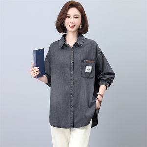 绿素棉衣橱好物POLO领牛仔衬衫外套女大码秋秋复古叠穿休闲衬衣图片