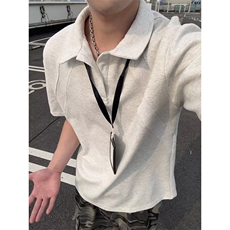 纯黑色短袖polo衫男女夏季高级感痞帅翻领t恤美式重磅正肩五分袖，男装T恤，星座506A